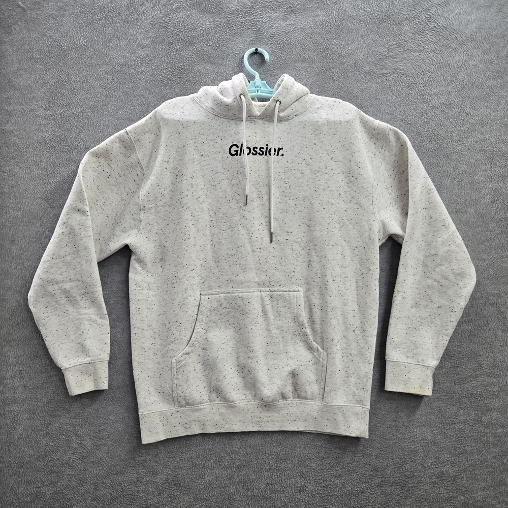 Glossier Men Hoodie M Light Gray Speckled‎ Hand Smile Logo Graphics Long Sleeve